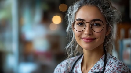Obraz premium A woman wearing glasses and a stethoscope smiles at the camera