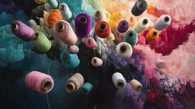 Colorful Yarn Spools Hanging Against a Textured Wall