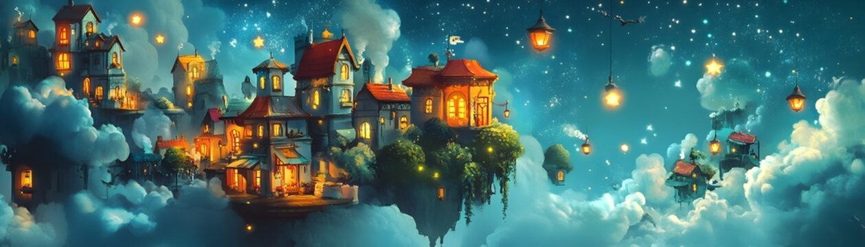 Whimsical floating village nestled in an ethereal cloudscape where sparkling stars hang like lanterns casting a dreamy glow on colorful houses and lush levitating gardens