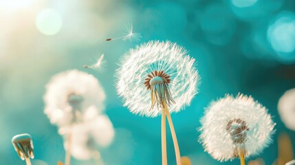 Obraz premium Beauty in nature dandelion seeds closeup blowing in blue green turquoise background.