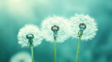 Beauty in nature dandelion seeds closeup blowing in blue green turquoise background.