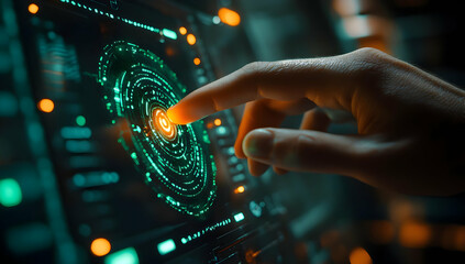 A futuristic interface with a glowing galaxy pattern, showcasing technology and innovation at the touch of a finger.