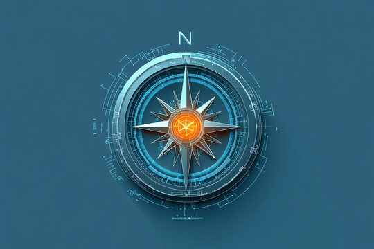 highly detailed digital compass with a glowing orange center on a dark blue background, representing modern navigation technology