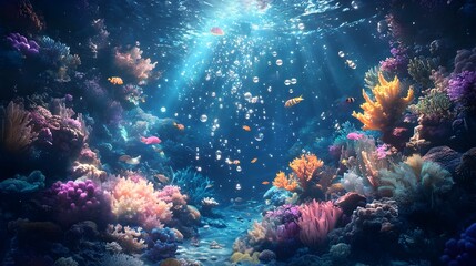 Naklejka premium A dreamy underwater scene where sparkling stars drift like bubbles illuminating a surreal landscape of vibrant corals and gentle colorful fish swimming in a serene tranquil environment