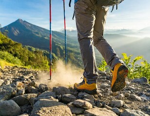 Hiker's Boots Kicking Up Dust on Rocky Trail with Mountain in Background

