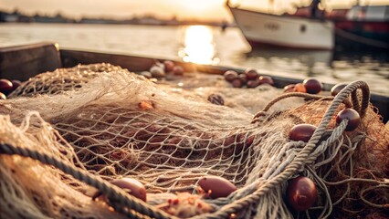 Obraz premium Fishing Net on Boat at Sunset 