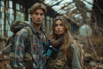 Fototapeta premium Young Adventurous Couple Exploring Abandoned Industrial Building in Autumn Wilderness, Wearing Outdoor Gear with Backpacks and BinocularsCouple