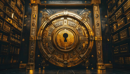 Obraz premium A grand, intricately designed vault door with a large keyhole, symbolizing security and wealth in an ancient, luxurious setting.