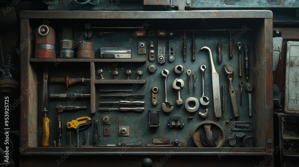 Poster An Assortment of Tools in a Rusty Metal Toolbox