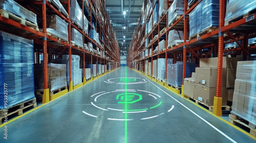 Poster automated warehouse with green laser guidance system