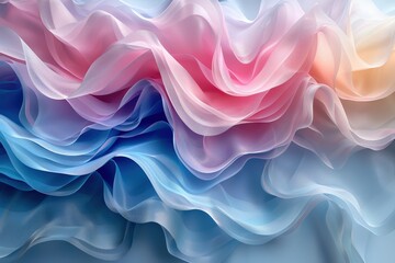 Abstract Artistic Composition Featuring Colorful Wavy Layers of Translucent Fabric in Soft Blue, Pink, and Pastel Shades, Creating a Soothing and Elegant Visual Effect
