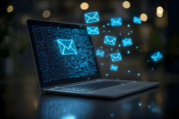 A laptop displays a flow of digital emails, symbolizing communication and technology in a modern workspace.