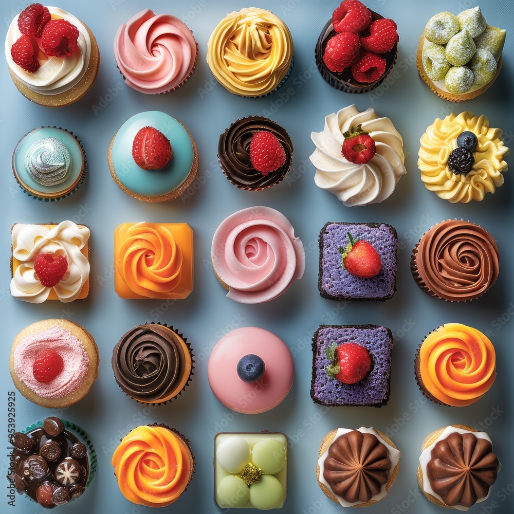 Aufkleber colorful desserts background, featuring vibrant and colorful desserts arranged in an aesthetically p