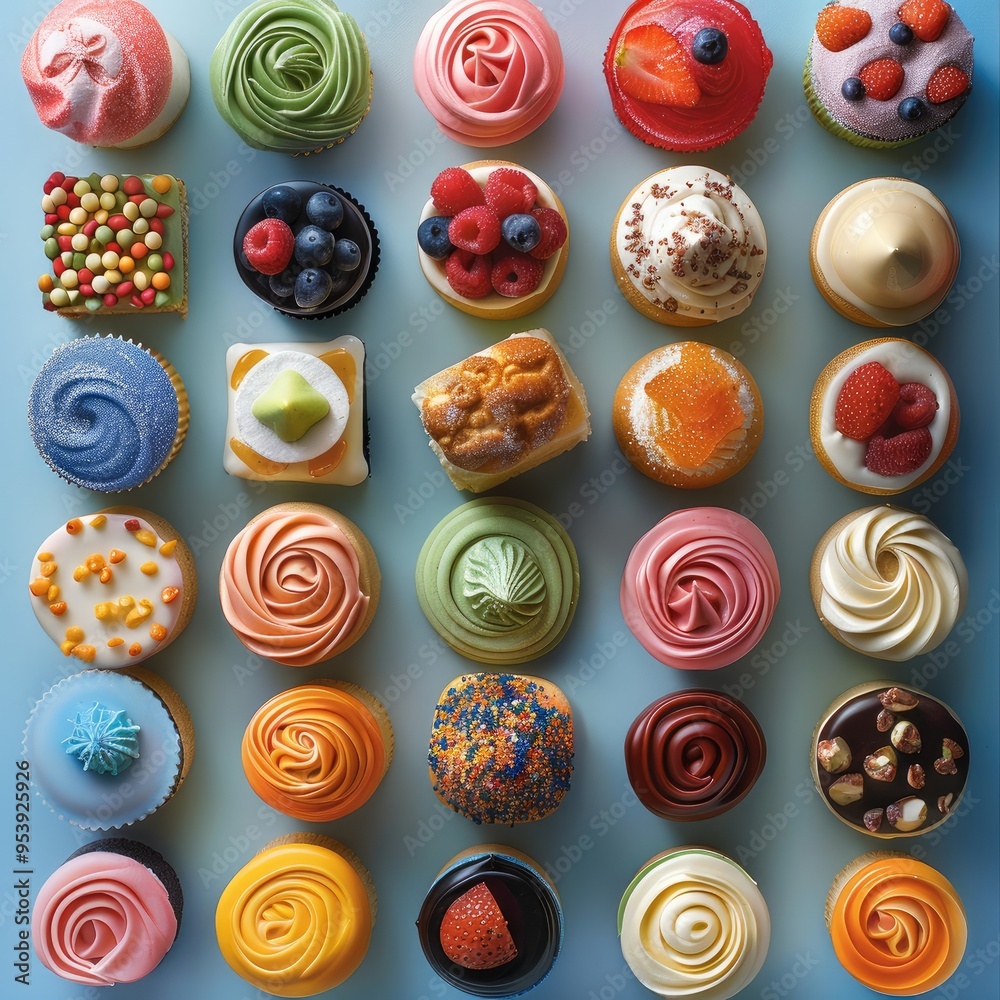 Aufkleber colorful desserts background, featuring vibrant and colorful desserts arranged in an aesthetically p