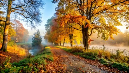 Fototapeta premium Misty Autumn Pathway with Sunlit Trees and Bright Foliage 