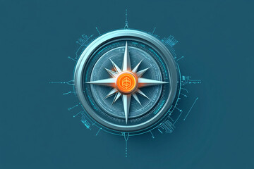 detailed digital compass icon with a glowing orange center set against a teal background representing technology and navigation