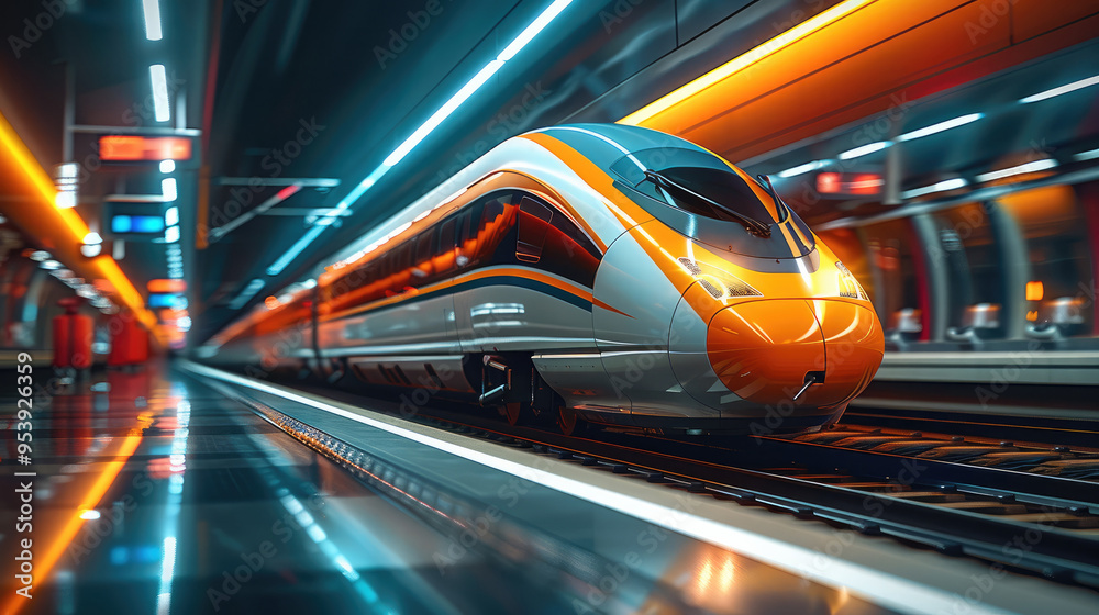 Poster modern train. high speed commuter train on the railway station. generative ai.