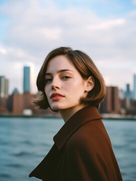 A woman standing in front of a body of water with a city in the background