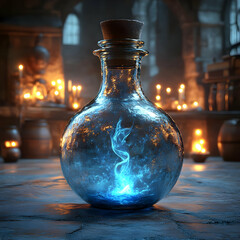 A mystical glass potion bottle glowing with blue magic, set in an enchanting atmosphere of candles and barrels.