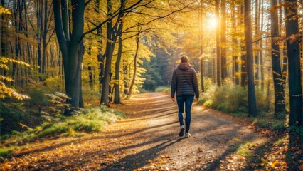 Fototapeta premium Man Walking Alone on Sunlit Autumn Path in Forest 