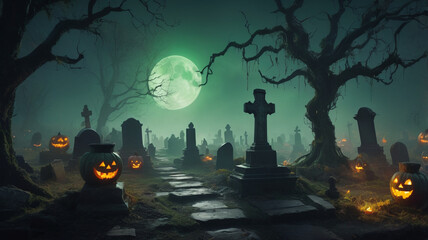 A bubbling cauldron with a luminous green potion sits in the middle of a fog-covered graveyard. The cauldron is surrounded by old gravestones and creeping vines, and the green potion casts 