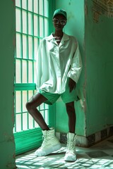 Fashionable model in oversized white shirt, green shorts, and white high-top sneakers posing in front of green window with urban chic aestheticfashion