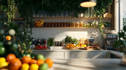 A bright brunch spot with 3D-rendered fresh fruits vegetables and weekly specials