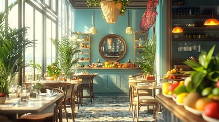 A bright brunch spot with 3D-rendered fresh fruits vegetables and weekly specials