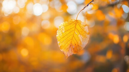 Obraz premium yellow autumn leaf. A bright orange tree changes with a blurred bokeh background. Golden colors in the park on a light sunny and warm October day