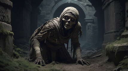 A fearsome mummy, wrapped in decaying, loose bandages, is crawling out of a dark, ancient crypt. The crypt entrance is surrounded by old, weathered gravestones and overgrown vegetation. 