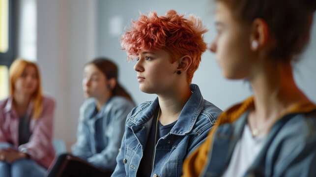 NON BINARY teenagers at group meeting with psychologist, support group, bullying at school. 