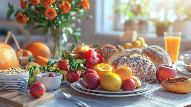 A fresh vibrant brunch table with 3D-rendered seasonal produce and artisanal bread