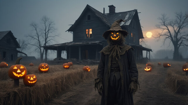 A frightful scarecrow with a sinister, gnarled face looms in front of an old, abandoned farmhouse. The farmhouse is dark and decrepit, with broken windows and a sagging roof.