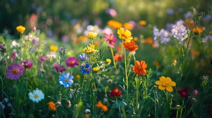 Colorful flowers meadow in a spring day