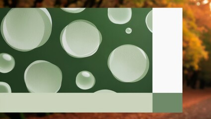 An abstract design with bubble-like shapes against a green background, partially overlaying a blurred natural scene