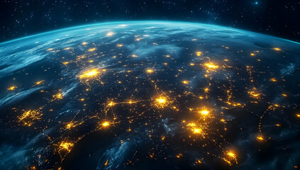 Obraz premium A stunning view of Earth from space, showcasing illuminated cities and vibrant networks of light across the planet's surface.