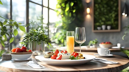 A fresh vibrant brunch spot featuring 3D-rendered dishes made from local seasonal ingredients