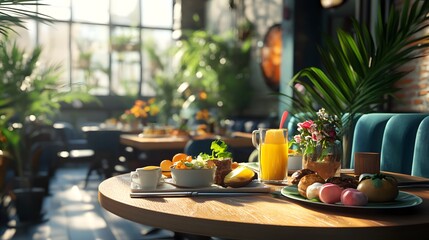 A fresh vibrant brunch spot featuring 3D-rendered dishes made from local seasonal ingredients