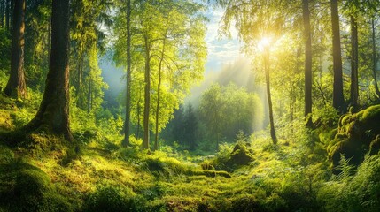 Obraz premium Forest spring landscape dense forest trees in the valley in sunny spring weather. Panorama of forest spring nature 