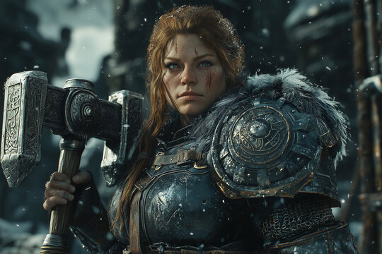 fearless female dwarf warrior in heavy armor wielding a massive hammer standing tall in a snow covered battlefield her face marked by scars and resolve