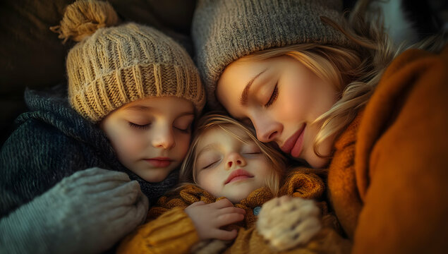 A warm, loving moment of a mother and her children sleeping peacefully in cozy knit hats, surrounded by soft blankets.