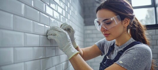 Woman Installing Subway Tiles in Contemporary Bathroom Wearing Protective Gear