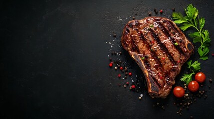 A high-quality stock image of a juicy grilled steak with garnish on the right side, leaving space on the left for text. Perfect for food menus, steakhouse promotions, and culinary displays.