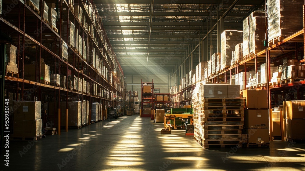 Poster sunlight illuminates an empty warehouse aisle with pallets of cardboard boxes