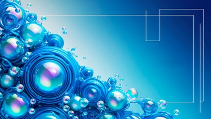 Abstract blue background featuring a collection of glossy bubbles of various sizes