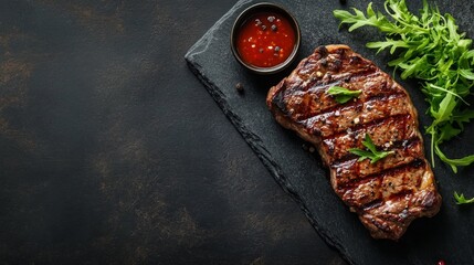 A high-quality stock image of a juicy grilled steak with garnish on the right side, leaving space on the left for text. Perfect for food menus, steakhouse promotions, and culinary displays.