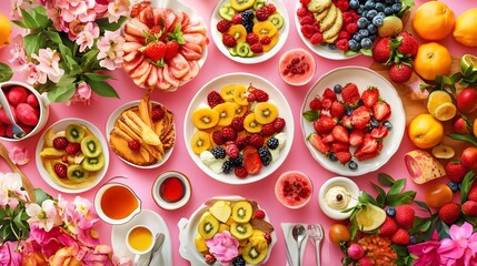 Fototapeta premium A vibrant brunch spread with 3D-rendered dishes featuring local seasonal fruits