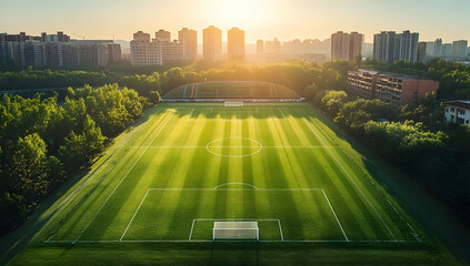 Aerial view of a vibrant soccer field surrounded by lush greenery and modern buildings at sunrise, perfect for sports-themed imagery.