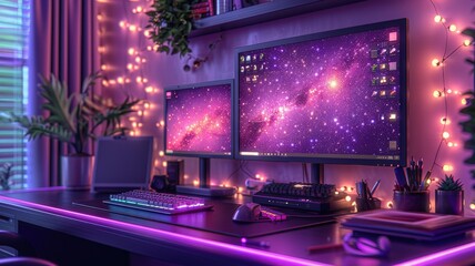 Modern gaming and productivity workspace setup with dual monitors, ambient purple lighting, and decorative fairy lights enhancing the cozy atmospheregaming setup