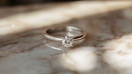 Exquisite white gold diamond ring displayed on a smooth marble surface embodying modern sophistication and clean elegance  The minimalist design and brilliant gemstone create a timeless